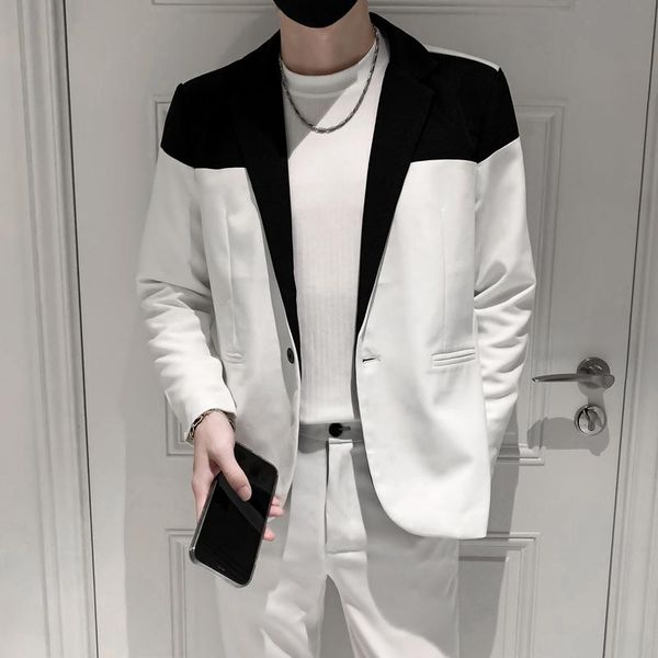 men's suits & blazers korean splicing men 2021 autumn slim fit casual suit jacket wedding business dress coat street wear social costum, White;black
men's suits & blazers korean splicing men 2021 autumn slim fit casual suit jacket wedding business dress coat street wear social costum, White;black