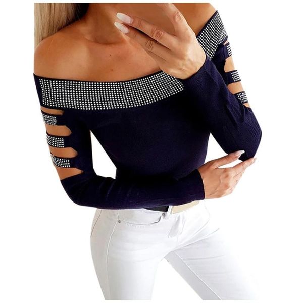 women solid color long sleeve diamond slim blouse off shoulder hollow out casual vintage for female 2021 streetwear women's blouse, White
women solid color long sleeve diamond slim blouse off shoulder hollow out casual vintage for female 2021 streetwear women's blouse, White