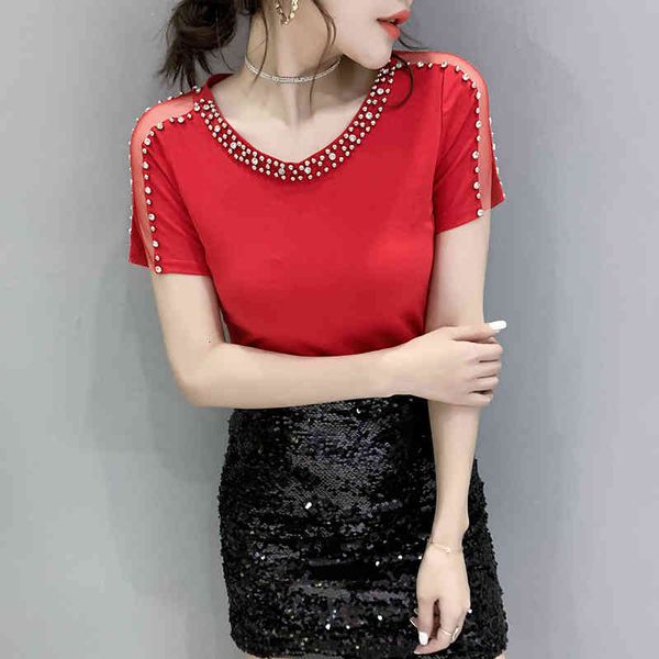 women's t-shirt summer fashion korean clothes t-shirt off shoulder beading women ropa mujer short sleeve cotton tees t03901 c4kv, White
women's t-shirt summer fashion korean clothes t-shirt off shoulder beading women ropa mujer short sleeve cotton tees t03901 c4kv, White