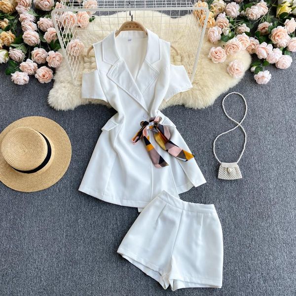 two piece dress professional suit women's summer collar design sense tie jacket all-match bottoming shorts two-piece, White
two piece dress professional suit women's summer collar design sense tie jacket all-match bottoming shorts two-piece, White