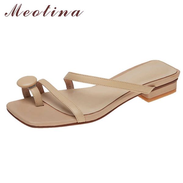 

meotina narrow band real leather low heel slippers flip flops women shoes square toe thick heel slides summer sandals apricot 40 210608, Black