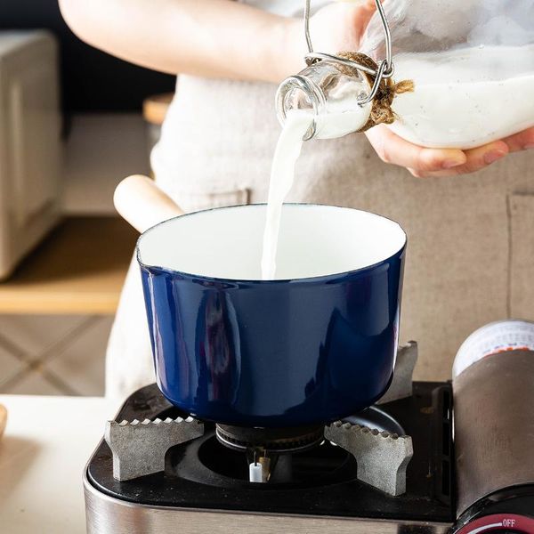 pans 700ml enamel milk pot with wooden handle butter coffee mini saucepan cookware pan for gas cooker kitchen tool
