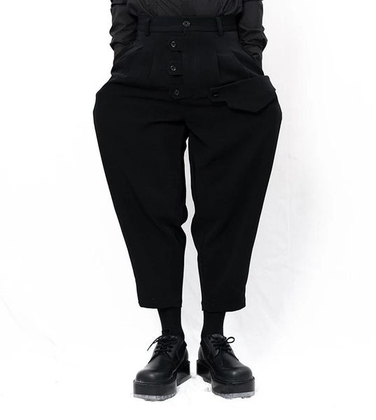 men's pants yamamoto style casual capris button placket one side large pocket dark harem, Black
men's pants yamamoto style casual capris button placket one side large pocket dark harem, Black