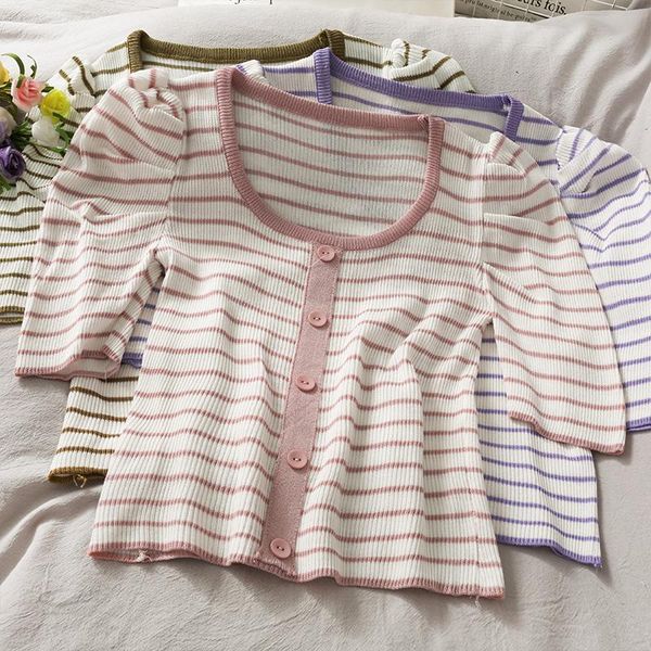 women's t-shirt korean style vintage striped kintting short sleeve t shirt women o neck button patchwork chic female pullover, White
women's t-shirt korean style vintage striped kintting short sleeve t shirt women o neck button patchwork chic female pullover, White