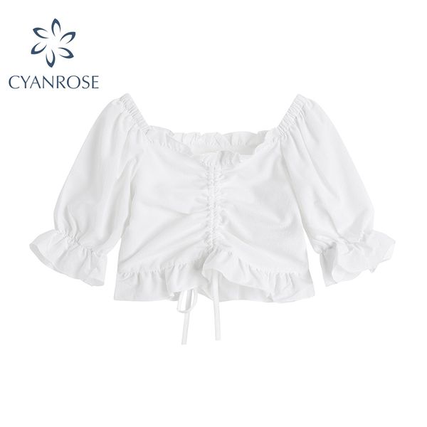 women' summer white crop blouses draped drawstring lace-up ruffle vintage design shirt sweet short sleeve korean slim blusas 210417
women' summer white crop blouses draped drawstring lace-up ruffle vintage design shirt sweet short sleeve korean slim blusas 210417