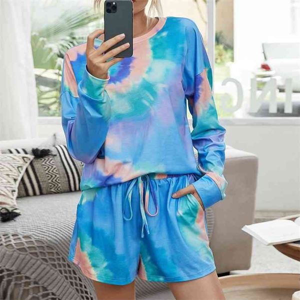 light suit two-piece print blue shorts long-sleeved tie-dye jumpsuit fashion home casual two piece jumpsuits women 210508, White
light suit two-piece print blue shorts long-sleeved tie-dye jumpsuit fashion home casual two piece jumpsuits women 210508, White