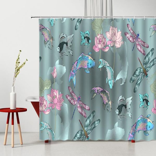 lotus-flower shower curtain chinese-style fish dragonfly animal pattern machine washable home bath hanging-curtain set with hook curtains