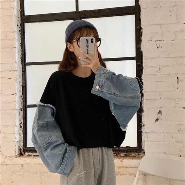 women's hoodies & sweatshirts streetwear sweatshirt women 2021 spring summer pattern round collar long sleeve denim patchwork pullovers, Black
women's hoodies & sweatshirts streetwear sweatshirt women 2021 spring summer pattern round collar long sleeve denim patchwork pullovers, Black