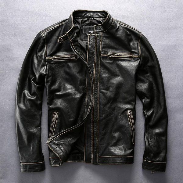 men's leather & faux vintage genuine with pockets korean style stand collar slim fit cow coat men motorcycle jacket male, Black
men's leather & faux vintage genuine with pockets korean style stand collar slim fit cow coat men motorcycle jacket male, Black