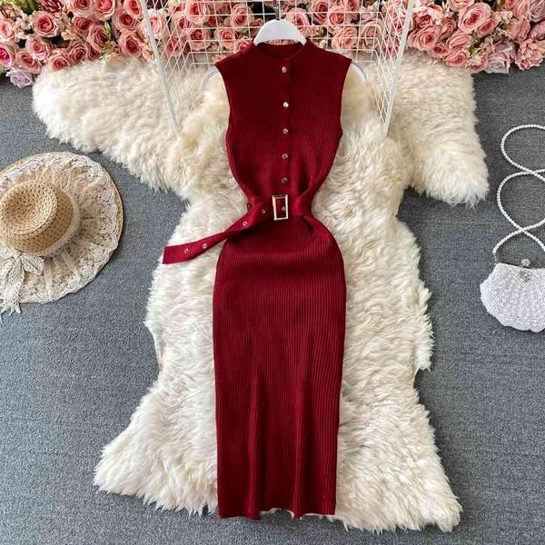 stand-up collar knitted sleeveless summer slim button belt open quality package hip dress 210709, Black;gray
stand-up collar knitted sleeveless summer slim button belt open quality package hip dress 210709, Black;gray