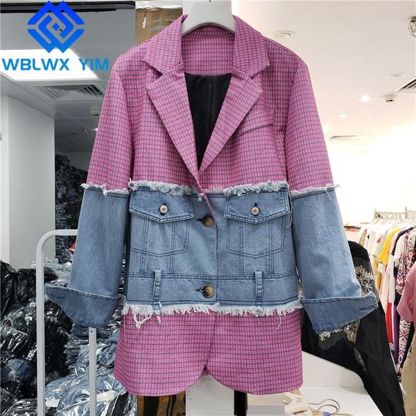 women's suits & blazers denim spliced blazer jacket women single breasted pocket fashion plaid print suit female streetwear loose coat, White;black
women's suits & blazers denim spliced blazer jacket women single breasted pocket fashion plaid print suit female streetwear loose coat, White;black