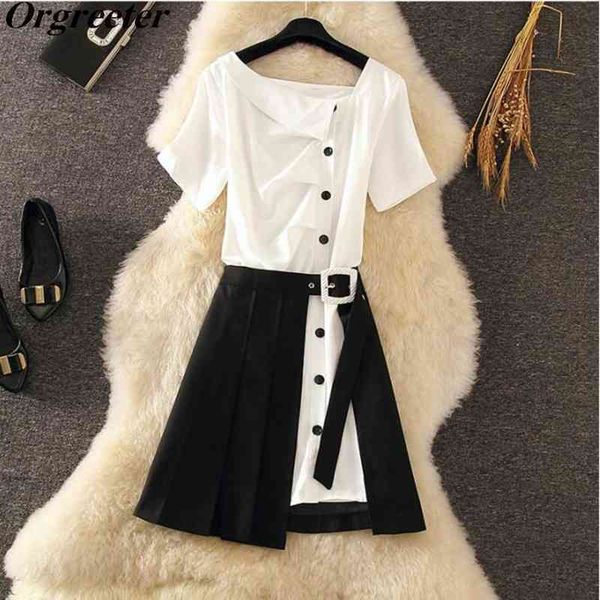 casual two pieces set women white slash neck ruched shirt dresses +adjustable waist pleated skirt suits outfits matching 210525
casual two pieces set women white slash neck ruched shirt dresses +adjustable waist pleated skirt suits outfits matching 210525