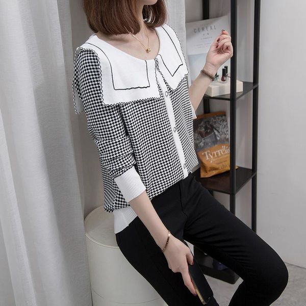 women's sweaters size clothing in the fall and winter of 2021 fat younger sister easy grid navy women long sleeve knit sweater, White;black
women's sweaters size clothing in the fall and winter of 2021 fat younger sister easy grid navy women long sleeve knit sweater, White;black