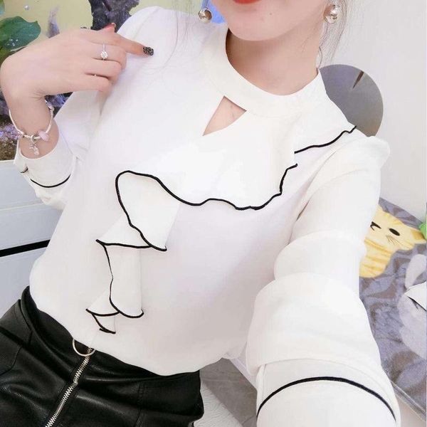 women's blouses & shirts spring summer style chiffon lady casual long sleeve ruffles decor stand collar blusas women, White
women's blouses & shirts spring summer style chiffon lady casual long sleeve ruffles decor stand collar blusas women, White