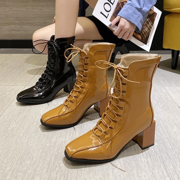 boots fashion women ankle comfort shoes autumn lace up high heels booties short ladies, Black