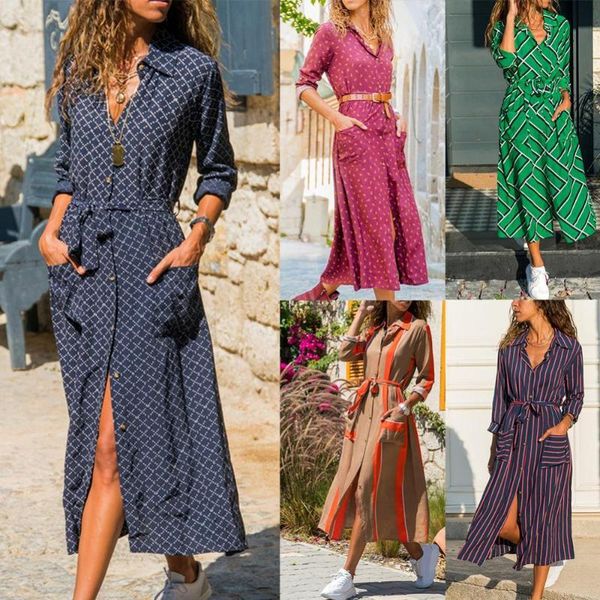 casual dresses women summer dress print maxi long sleeve stripes pockets waist belt buttons down shirt dres, Black;gray
casual dresses women summer dress print maxi long sleeve stripes pockets waist belt buttons down shirt dres, Black;gray