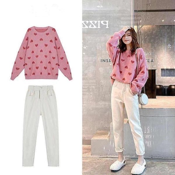 women's two piece pants fashion set round neck long sleeve love knitted sweater + straight leg casual tracksuit women x572, White
women's two piece pants fashion set round neck long sleeve love knitted sweater + straight leg casual tracksuit women x572, White