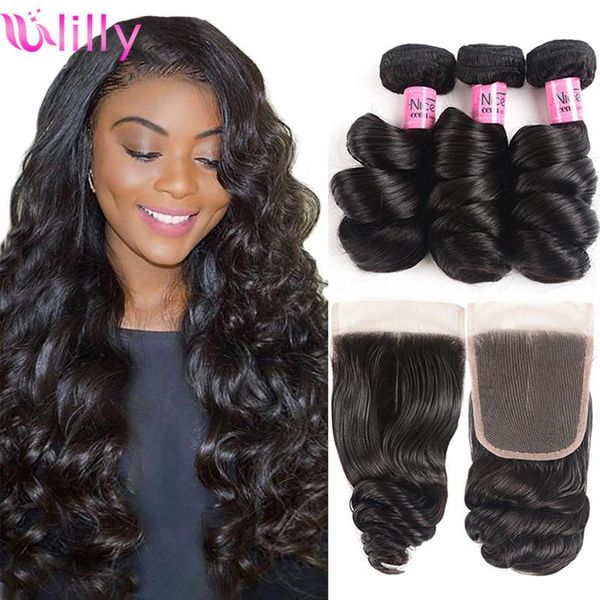 human hair bulks loose wave 4x4 transparent lace closure with bundles peruvian extension for women, Black 
human hair bulks loose wave 4x4 transparent lace closure with bundles peruvian extension for women, Black