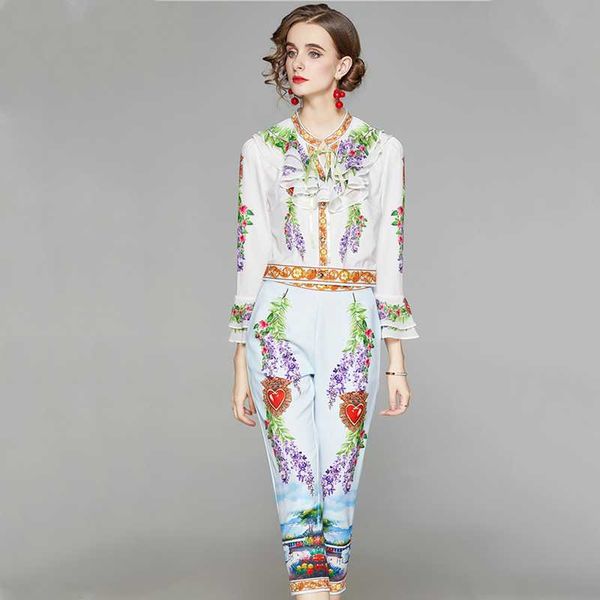 retro fashion floral print pants suit ladies flared sleeve bow tie collar ruffled pullover + pencil two-piece women's two piece, White
retro fashion floral print pants suit ladies flared sleeve bow tie collar ruffled pullover + pencil two-piece women's two piece, White