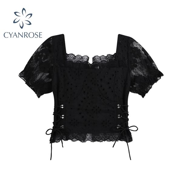black lace patchwork goth blouses women's streetwear square collar puff short sleeve shirt summer up crop 210430, White
black lace patchwork goth blouses women's streetwear square collar puff short sleeve shirt summer up crop 210430, White