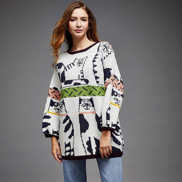 women's sweaters autumn winter sweater women cat print cartoon knitted pullover female funny long loose casual harajuku, White;black
women's sweaters autumn winter sweater women cat print cartoon knitted pullover female funny long loose casual harajuku, White;black