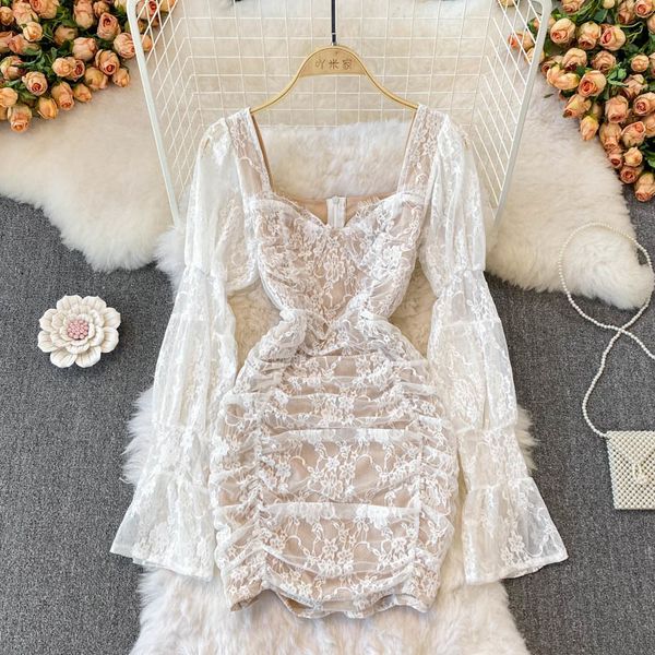 2022 spring floral lace mini party dress women sweet square collar hollow out flare sleeve empire ruched bodycon club dress, Black;gray 
2022 spring floral lace mini party dress women sweet square collar hollow out flare sleeve empire ruched bodycon club dress, Black;gray