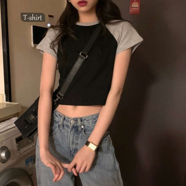 women's t-shirt net red ins color matching sleeve summer korean fashion student high waist short slim 1902, White
women's t-shirt net red ins color matching sleeve summer korean fashion student high waist short slim 1902, White