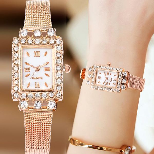 wristwatches 2021 latest rose gold unique square dial crystal bracelet ladies fine mesh belt pin buckle watch female quartz metal clock, Slivery;brown
wristwatches 2021 latest rose gold unique square dial crystal bracelet ladies fine mesh belt pin buckle watch female quartz metal clock, Slivery;brown