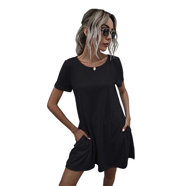 casual loose women dresses solid o-neck summer female dresses with pockets vestidos mujer w9168 210526, Black;gray 
casual loose women dresses solid o-neck summer female dresses with pockets vestidos mujer w9168 210526, Black;gray
