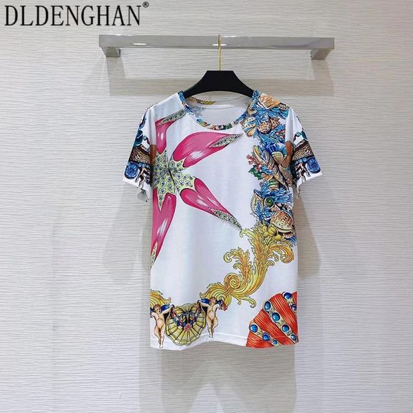 women's t-shirt dldenghan fashion designer floral print high street shirt for women o-neck short sleeve beading casual shirts summer, White
women's t-shirt dldenghan fashion designer floral print high street shirt for women o-neck short sleeve beading casual shirts summer, White