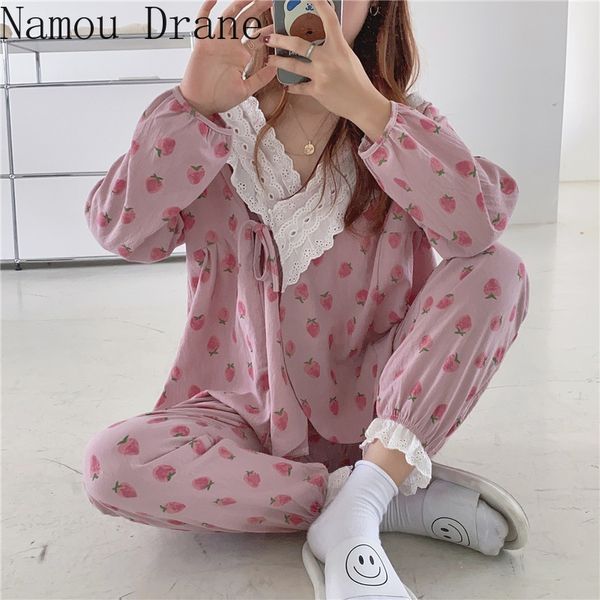 chic pajamas korean sweet v-neck cute strawberry printed cotton cardigan women loose casual pants home wear set 210429, White
chic pajamas korean sweet v-neck cute strawberry printed cotton cardigan women loose casual pants home wear set 210429, White