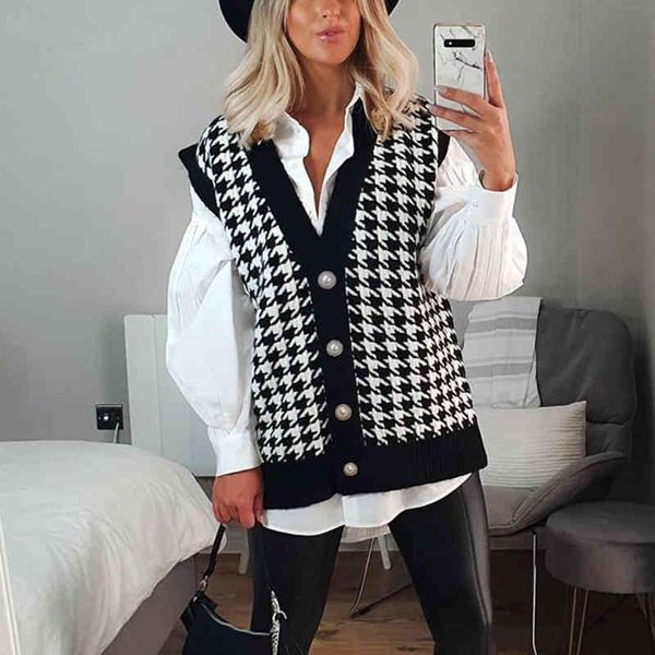ladies houndstooth sleeveless black sweater women vest cardigans loose autumn winter knitted casual women sweaters jumper female 210416, White;black
ladies houndstooth sleeveless black sweater women vest cardigans loose autumn winter knitted casual women sweaters jumper female 210416, White;black