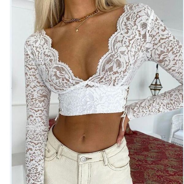 women's blouses & shirts 2021 lace crochet patchwork cropped deep v neck long sleeve bandage blouse wdc037, White
women's blouses & shirts 2021 lace crochet patchwork cropped deep v neck long sleeve bandage blouse wdc037, White