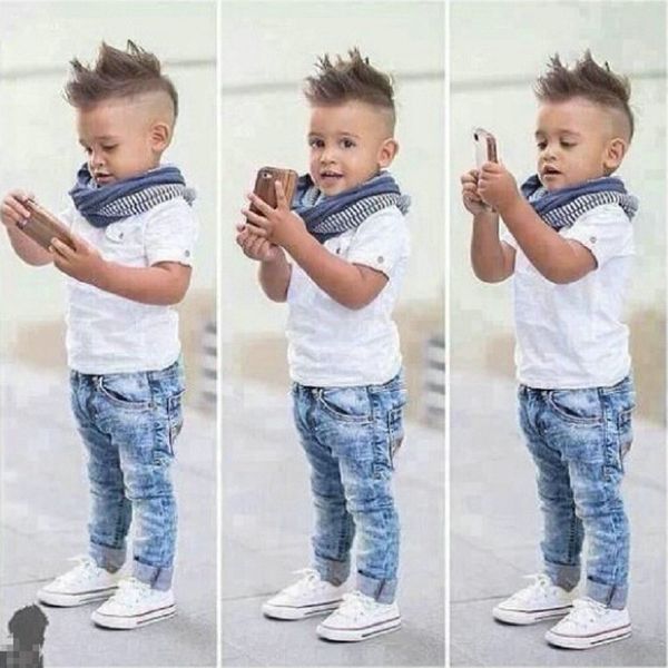 

3Pcs Toddler Baby Boys Clothes Set Dress T-shirt Scarf Denim Pants Set Kids Clothes Outfits, Black