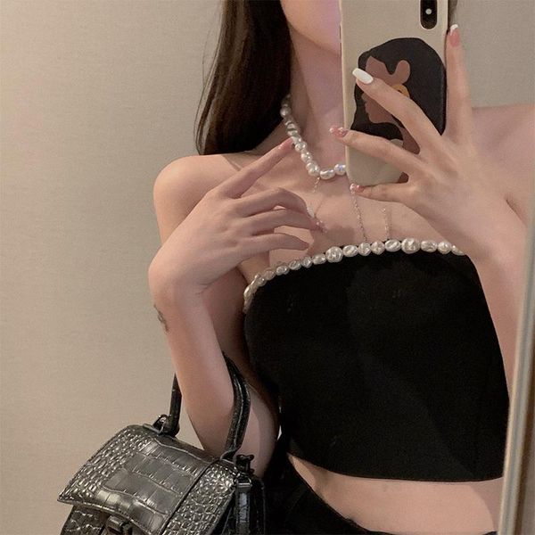women's tanks & camis 2021 fashion korean girl pearl halter off shoulder backless all-match short clothing, White
women's tanks & camis 2021 fashion korean girl pearl halter off shoulder backless all-match short clothing, White