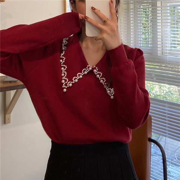 sweaters fashion pullovers retro warm pearls spring elegant knitwear solid turn down collar causal loose sweater, White;black
sweaters fashion pullovers retro warm pearls spring elegant knitwear solid turn down collar causal loose sweater, White;black