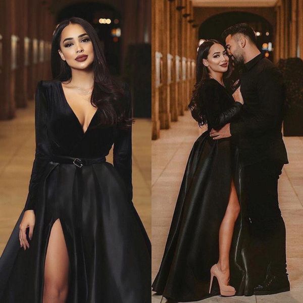 party dresses black peom long sleeves deep v-neck side split floor length satin velvet a line saudi formal evening gowns 2022, White;black
party dresses black peom long sleeves deep v-neck side split floor length satin velvet a line saudi formal evening gowns 2022, White;black