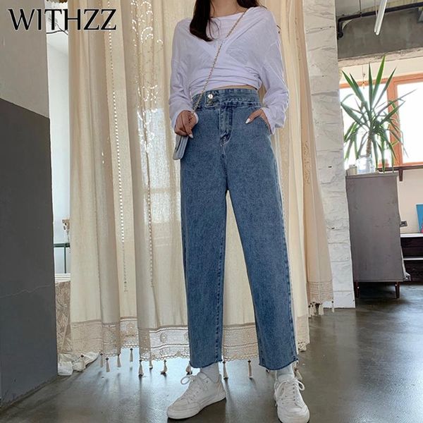 women's jeans withzz spring autumn high rise loose denim straight pants waist two button, Blue
women's jeans withzz spring autumn high rise loose denim straight pants waist two button, Blue