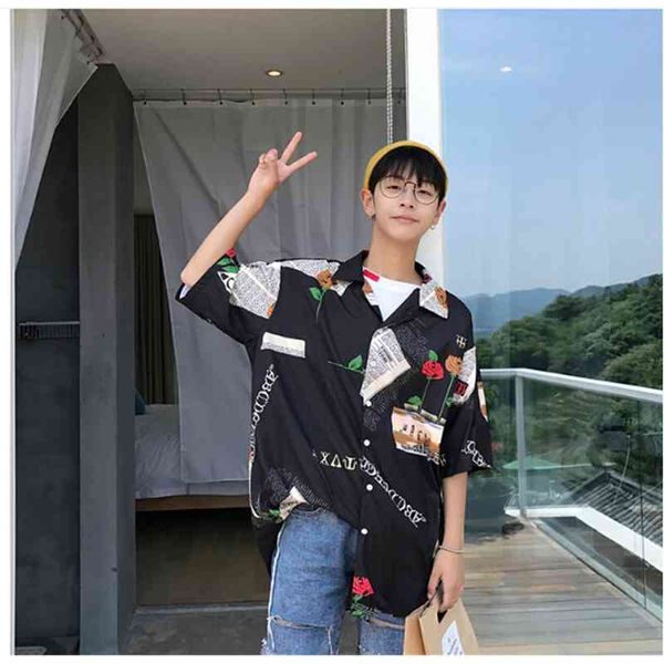 men loose single breasted short sleeved shirt floral letter design print fashion streetwear t-shirt summer casual shirts, White;black
men loose single breasted short sleeved shirt floral letter design print fashion streetwear t-shirt summer casual shirts, White;black