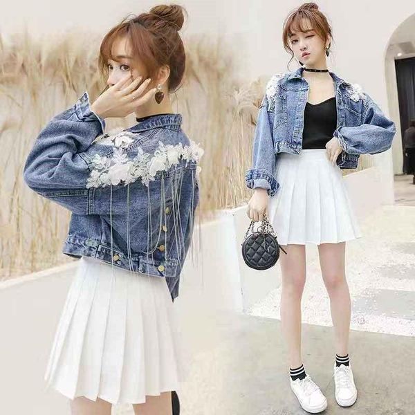 women's jackets sweet spring and autumn 2021 korean stereo flower embroidery chain tassel loose bat sleeve denim short jacket, Black;brown
women's jackets sweet spring and autumn 2021 korean stereo flower embroidery chain tassel loose bat sleeve denim short jacket, Black;brown