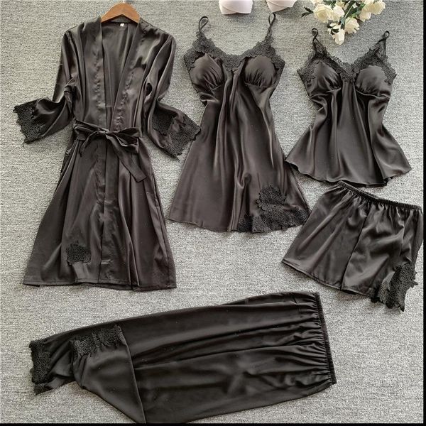 5 pieces pajamas sets womens sleepwears silk robe satin lace nightwear pyjama strap sleep lounge pijama bathrobe, Black;red
5 pieces pajamas sets womens sleepwears silk robe satin lace nightwear pyjama strap sleep lounge pijama bathrobe, Black;red