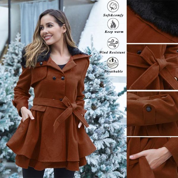 women's jackets 2021 autumn slim double-breasted woolen coat trench elegant lace-up pleated ruffle women fur lapel button warm overcoat, Black;brown
women's jackets 2021 autumn slim double-breasted woolen coat trench elegant lace-up pleated ruffle women fur lapel button warm overcoat, Black;brown