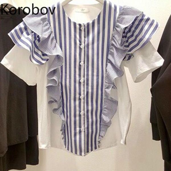 women's blouses & shirts korobov korean summer 2021 ruffles patchwork striped blouse o neck pullover short sleeve holiday blusas slim s, White
women's blouses & shirts korobov korean summer 2021 ruffles patchwork striped blouse o neck pullover short sleeve holiday blusas slim s, White