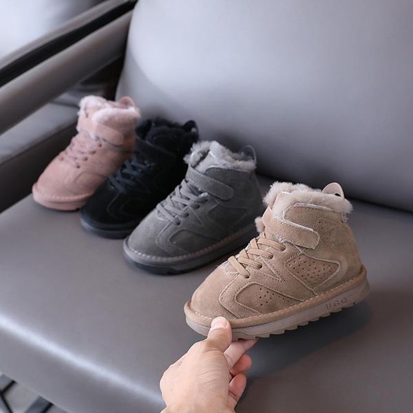 boots genuine leather children' snow plush fur baby girls boys sneakers outdoor hiking shoes non-slip child kids, Black;grey