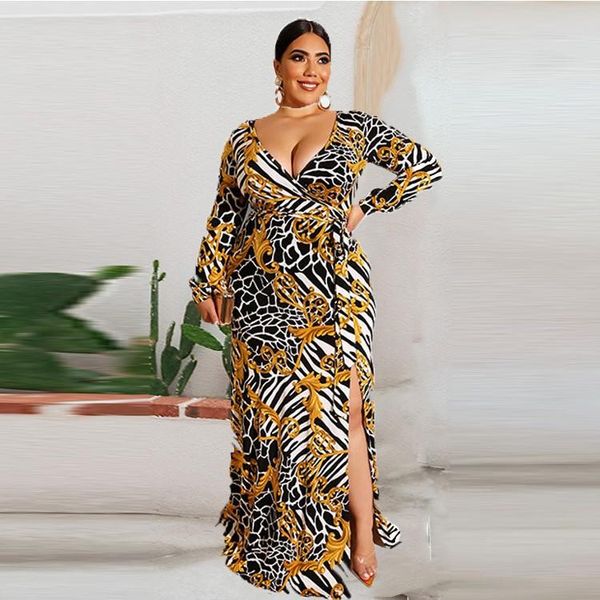plus size dresses xl-5xl wholesale drop dress women clothing fashion printing long sleeve v neck split elegant casual, Black 
plus size dresses xl-5xl wholesale drop dress women clothing fashion printing long sleeve v neck split elegant casual, Black