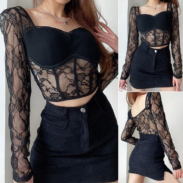 women's t-shirt square neck lace long sleeve women shirt corset see through cropped shirts ladies, White
women's t-shirt square neck lace long sleeve women shirt corset see through cropped shirts ladies, White