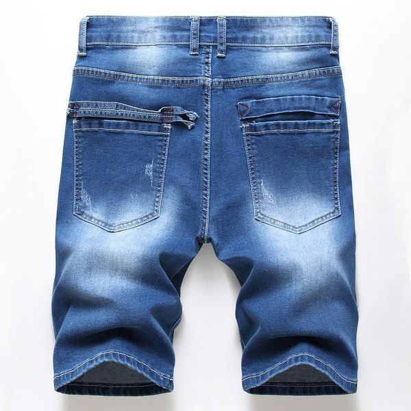 men's summer holes patchwork ripped denim shorts casual knee length patch design stretch jeans, Blue 
men's summer holes patchwork ripped denim shorts casual knee length patch design stretch jeans, Blue
