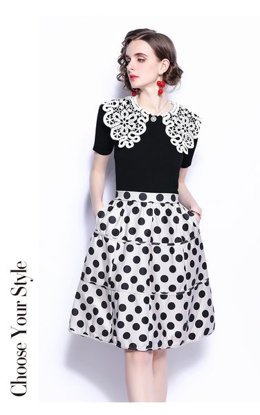 two piece dress heavy industry beads lace peter pan collar knitwear polka dot skirt two-piece set, White
two piece dress heavy industry beads lace peter pan collar knitwear polka dot skirt two-piece set, White