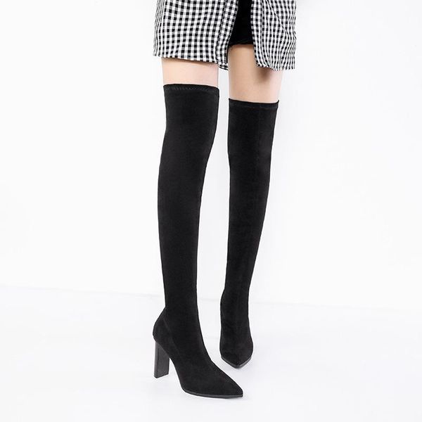 boots elastic thin model is sold out thick heel high pointed nightclub knee, Black 
boots elastic thin model is sold out thick heel high pointed nightclub knee, Black