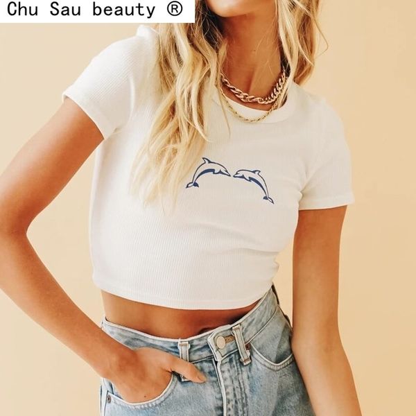 summer short-sleeved t-shirt female sweet dolphin embroidery white short slim fashion cute 210514
summer short-sleeved t-shirt female sweet dolphin embroidery white short slim fashion cute 210514